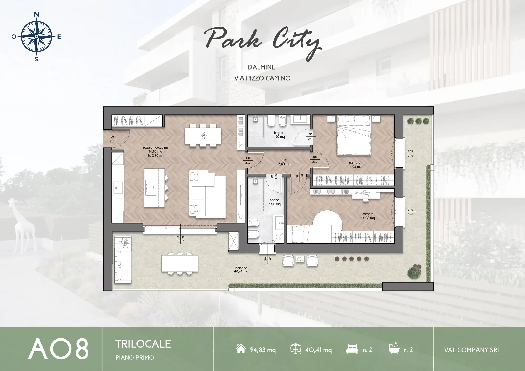 Planimetria tipo di un trilocale di Park City: l’appartamento A08
