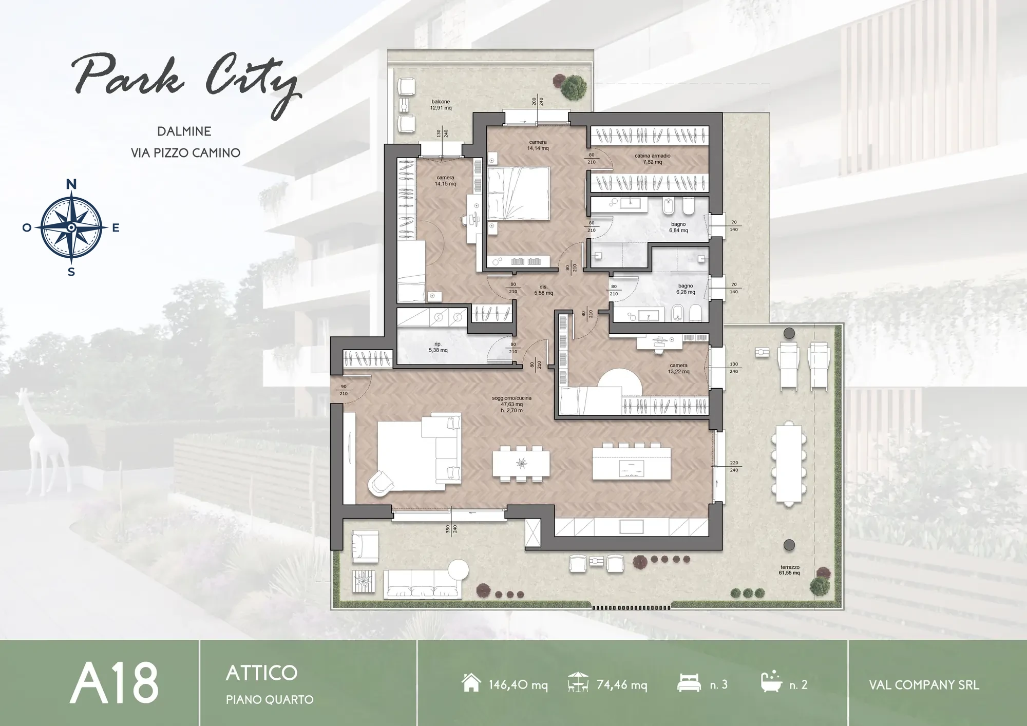 Planimetria tipo di un attico di Park City: l’appartamento A18